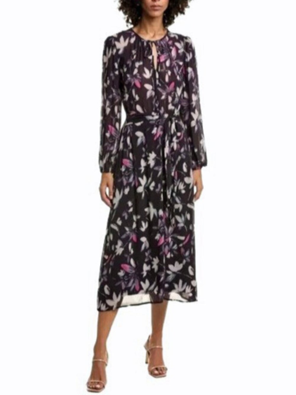 Bella Dahl Midi Dress M Tie Waist, Sheer Overlay, Dark Purple Floral Like New